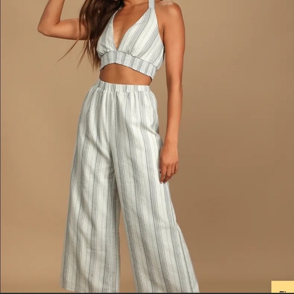 Lulus Set Sail Sage Green Striped Two-Piece Wide-Leg Jumpsuit - Picture 2 of 5